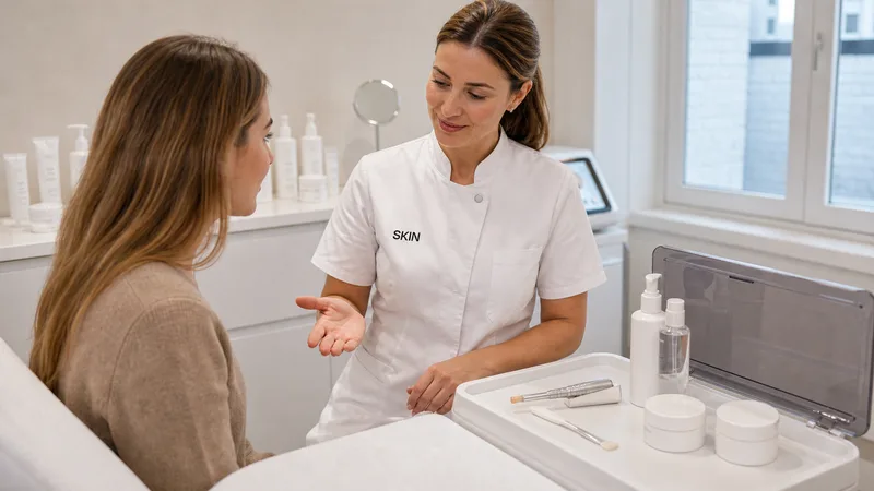 A SKIN specialist discusses skincare with a client in a treatment room